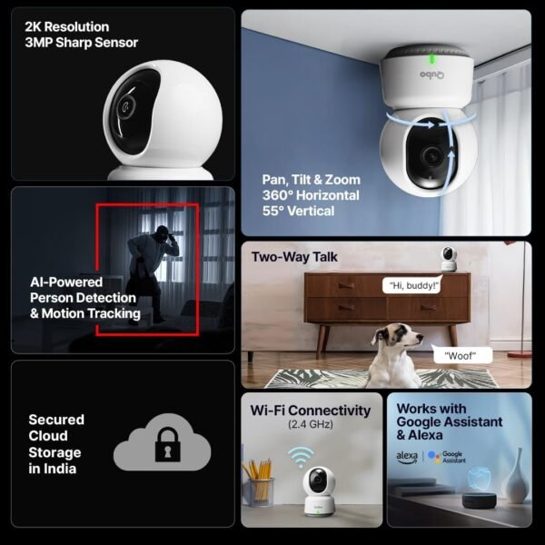 Qubo Smart Home Security Cam 360° 3MP 2K | Made in India | Wi-Fi CCTV Camera | NightPulse Vision - Image 2